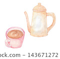一幅水彩畫的茶壺和茶杯。 143671272
