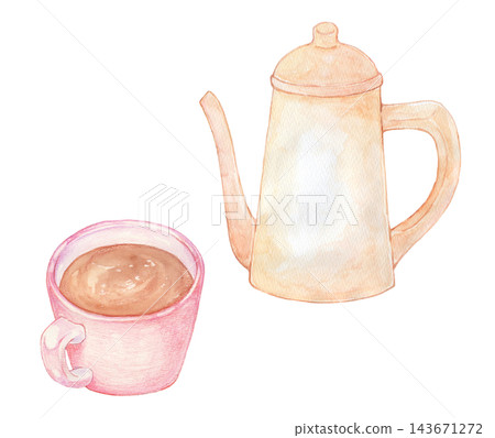 一幅水彩畫的茶壺和茶杯。 一幅水彩畫的茶壺和茶杯。 143671272