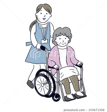 A female caregiver pushes an elderly woman in a wheelchair. A female caregiver pushes an elderly woman in a wheelchair. 143671308
