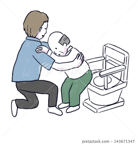 A male caregiver assists an elderly man using the toilet. A male caregiver assists an elderly man using the toilet. 143671347