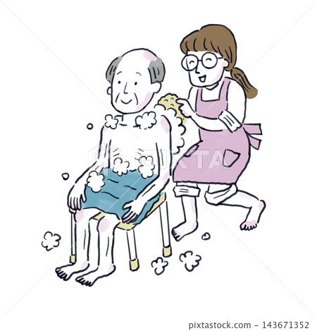 An elderly man having his back washed by a female caregiver in the bath. An elderly man having his back washed by a female caregiver in the bath. 143671352