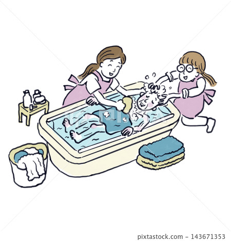 An elderly man is receiving a home bathing service, with two female caregivers helping him with his bath. 143671353