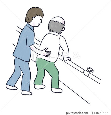 An elderly man undergoing walking rehabilitation with the assistance of a caregiver. An elderly man undergoing walking rehabilitation with the assistance of a caregiver. 143671366