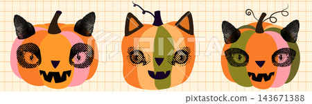 Fun halftone collage cat pumpkins with kitty ears, Funny Halloween elements for posters, cards and invitations Fun halftone collage cat pumpkins with kitty ears, Funny Halloween elements for posters, cards and invitations 143671388