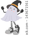 A cute cartoon ghost wearing a black witch hat with an orange band, striped stockings, and oversized sneakers 143671561
