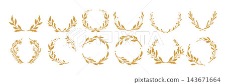 Wreath of floral and leaf branches in a circle, a botanical set of classic gold laurel silhouettes. Wreath of floral and leaf branches in a circle, a botanical set of classic gold laurel silhouettes. 143671664