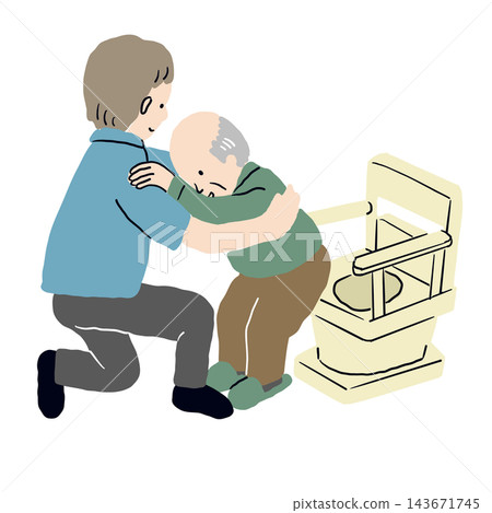 Two male caregivers assist an elderly man using the toilet. 143671745