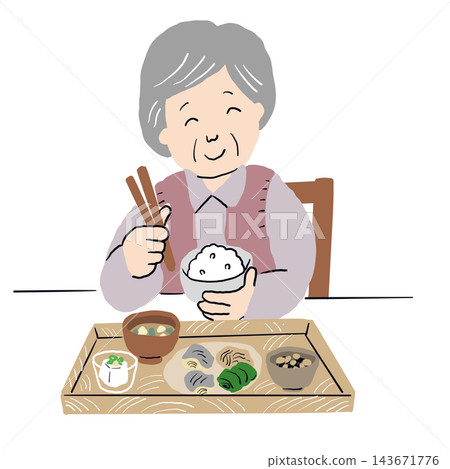 Two elderly women enjoying Japanese food at a day care center. Two elderly women enjoying Japanese food at a day care center. 143671776