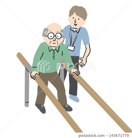 An elderly man undergoing walking rehabilitation and two caregivers assisting him. An elderly man undergoing walking rehabilitation and two caregivers assisting him. 143671779