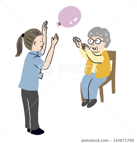 Two elderly women doing balloon exercises with a female caregiver. Two elderly women doing balloon exercises with a female caregiver. 143671799
