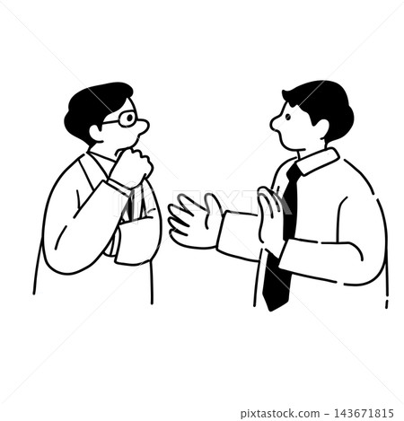 Line drawing illustration of two men having a discussion Line drawing illustration of two men having a discussion 143671815