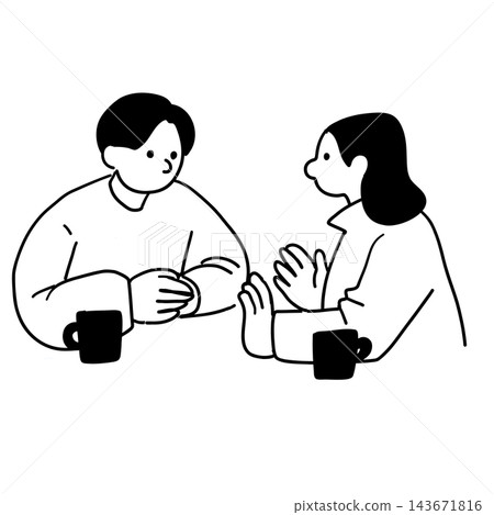 Line art illustration of a man and woman having a conversation Line art illustration of a man and woman having a conversation 143671816