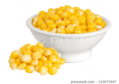 corn seeds in ceramic bowl isolated on white background with full depth of field 143671947