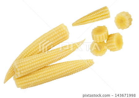 Pickled young baby corn cobs isolated on white background Top view. Flat lay 143671998