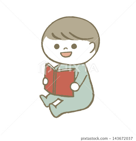 Child reading a picture book, light blue 143672037