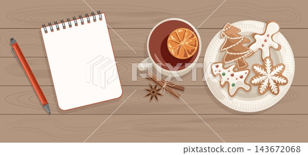 Flat lay Christmas notepad with pencil mulled wine mug and gingerbread cookies on wooden table. Cozy eco winter corporate workspace vector banner Flat lay Christmas notepad with pencil mulled wine mug and gingerbread cookies on wooden table. Cozy eco winter corporate workspace vector banner 143672068