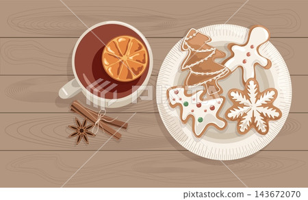 Flat lay Christmas mulled wine mug with gingerbread cookies on plate vector illustration. Cozy winter holiday sweets food banner on wooden table Flat lay Christmas mulled wine mug with gingerbread cookies on plate vector illustration. Cozy winter holiday sweets food banner on wooden table 143672070
