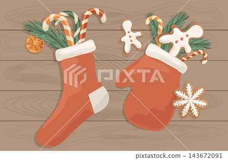 Flat lay Christmas stocking and mitten with gifts on wooden table. Cozy eco winter holiday present sock and woolen gloves vector banner background 143672091