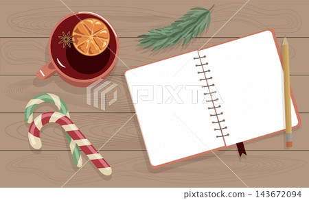 Flat lay Christmas notepad with pencil and mulled wine mug on wooden table. Cozy eco winter corporate workspace background with empty copy space Flat lay Christmas notepad with pencil and mulled wine mug on wooden table. Cozy eco winter corporate workspace background with empty copy space 143672094