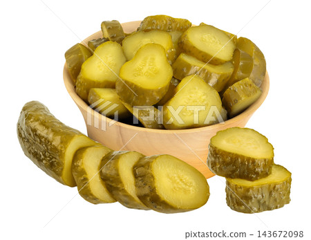 Marinated pickled cucumber in wooden bowl isolated on white background with full depth of field Marinated pickled cucumber in wooden bowl isolated on white background with full depth of field 143672098