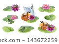 Watercolor clipart set of swans, ducks, frogs, pink and purple water lilies and lily pads. For nursery decor, greeting cards, invitations and summer designs 143672259