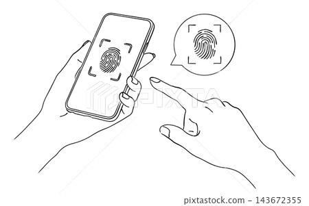 一幅簡單的手繪風格線條藝術插圖,描繪了一隻手在智慧型手機上進行指紋認證(生物識別認證、安全、登入)。 一幅簡單的手繪風格線條藝術插圖,描繪了一隻手在智慧型手機上進行指紋認證(生物識別認證、安全、登入)。 143672355