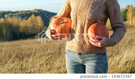 Close up of woman in cozy knitted sweater holding two orange pumpkins in autumn field. Rustic harvest, thanksgiving and Halloween concept Close up of woman in cozy knitted sweater holding two orange pumpkins in autumn field. Rustic harvest, thanksgiving and Halloween concept 143672397