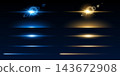 Horizontal lens flare light effects set in golden and blue colors isolated on black background 143672908