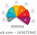 Modern business infographic template with colorful semi-circular options, icons, and text placeholders. Vector illustration. 143672942