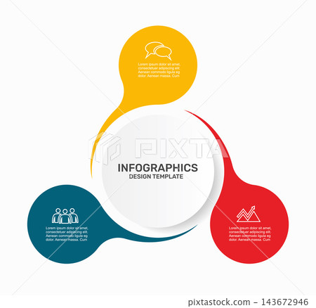 Modern infographic template with a central circle and three text blocks with business icons. Vector illustration. Modern infographic template with a central circle and three text blocks with business icons. Vector illustration. 143672946