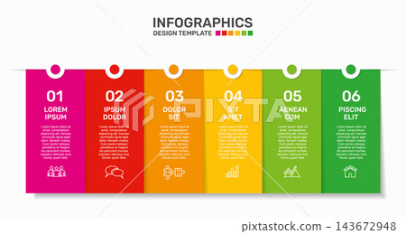 Horizontal business infographic template with six colorful vertical columns, icons, and text placeholders. Vector illustration. 143672948