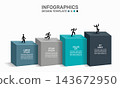 Infographic design template with four growing bar steps and figures celebrating success. Vector illustration. 143672950