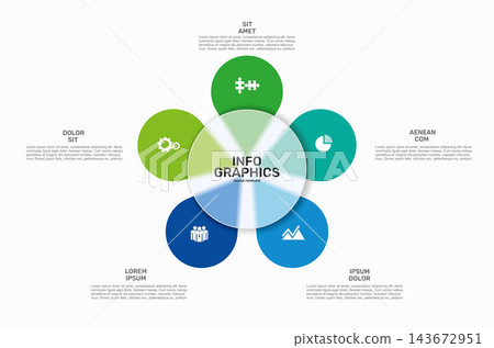 Business infographics design template with colorful circular steps, icons, and central info graphics layout. Vector illustration. Business infographics design template with colorful circular steps, icons, and central info graphics layout. Vector illustration. 143672951