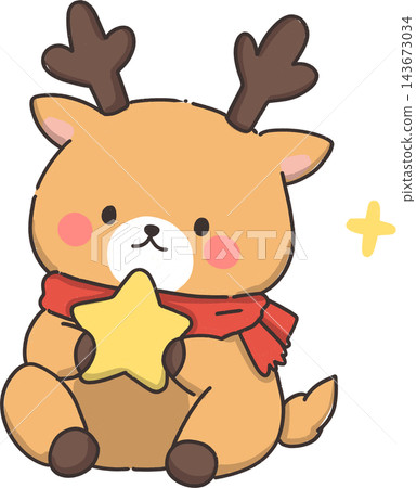 Cute Reindeer Holding a Golden Christmas Star 143673034