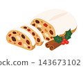 An illustration of a cinnamon stick, holly berries, and Christmas stollen. 143673102