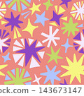 Seamless pattern with colorful abstract  starbursts and geometric shapes on a coral background 143673147