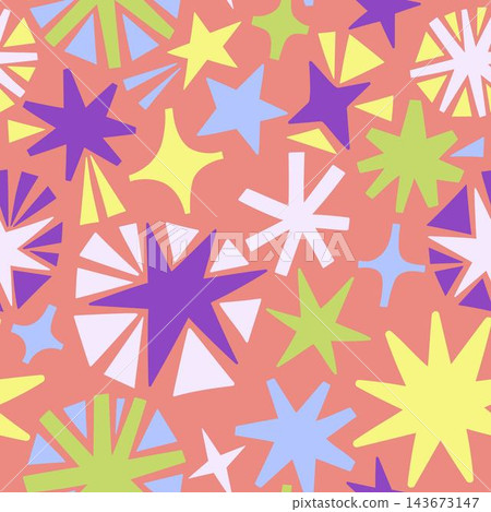 Seamless pattern with colorful abstract starbursts and geometric shapes on a coral background Seamless pattern with colorful abstract starbursts and geometric shapes on a coral background 143673147