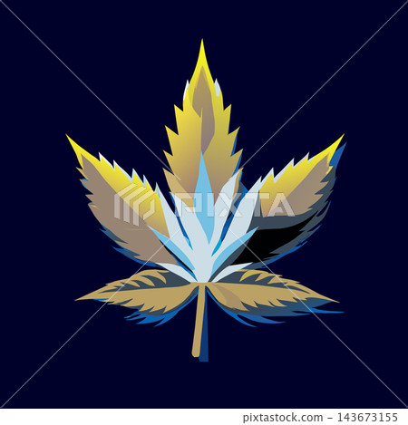Stylized cannabis leaf illustration in layered blue and tan geometric planes, seven-point serrated leaflets with central veins, isolated on navy background, commercial vector graphic art 143673155