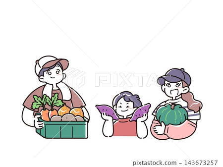An illustration of a smiling parent and child holding harvested autumn vegetables. An illustration of a smiling parent and child holding harvested autumn vegetables. 143673257