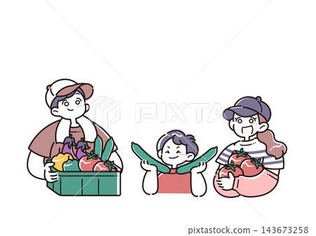 An illustration of a smiling parent and child holding harvested summer vegetables. An illustration of a smiling parent and child holding harvested summer vegetables. 143673258