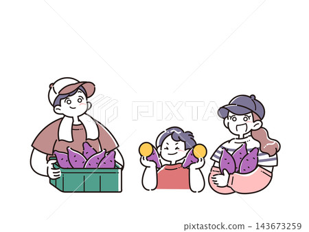 An illustration of a smiling parent and child holding harvested sweet potatoes. An illustration of a smiling parent and child holding harvested sweet potatoes. 143673259