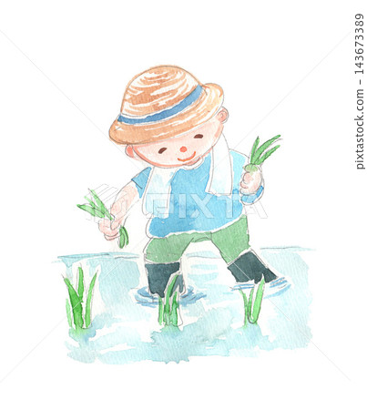 Watercolor illustration of a man planting rice 143673389