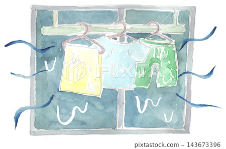 An illustration of laundry that is not completely dry. An illustration of laundry that is not completely dry. 143673396