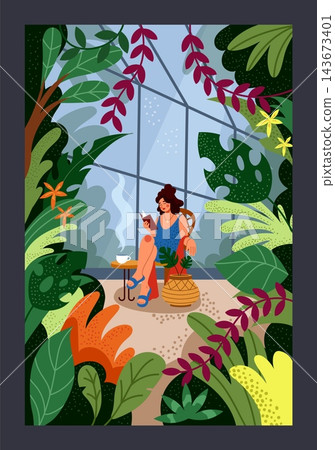 Greenhouse. Young woman reading book, girl relaxing in tropical glass conservatory. Exotic plants in garden. Peaceful interior with decorative flowers. Vector cartoon flat style isolated illustration 143673401
