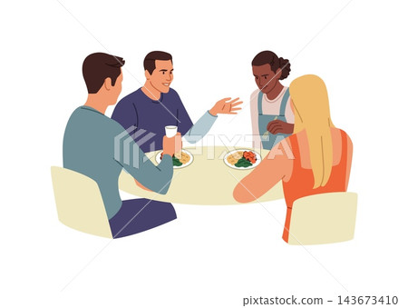 Education student life. Group of students communication together, lunch and friendly conversation. Young people enjoy meal in casual social atmosphere. Vector cartoon flat style isolated illustration Education student life. Group of students communication together, lunch and friendly conversation. Young people enjoy meal in casual social atmosphere. Vector cartoon flat style isolated illustration 143673410