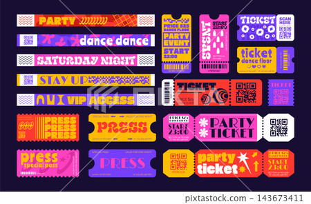 Music bracelet. Festival ticket with colorful design wristband graphics for concert party pass in Y2K event style. Stylish label and stickers, QR codes for dance entertainment. Vector illustration Music bracelet. Festival ticket with colorful design wristband graphics for concert party pass in Y2K event style. Stylish label and stickers, QR codes for dance entertainment. Vector illustration 143673411