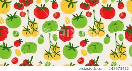 Tomato pattern. Cherry on branch in texture. Red, yellow colorful vegetables. Seamless ripe organic print. Fresh harvest design. Vector garish background. Cartoon flat style isolated illustration Tomato pattern. Cherry on branch in texture. Red, yellow colorful vegetables. Seamless ripe organic print. Fresh harvest design. Vector garish background. Cartoon flat style isolated illustration 143673412