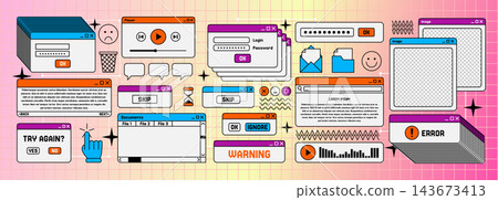 Interface Retro. UI 90s vaporwave element. Digital frame, web window. Computer icon, Y2K navigation button. Cursor popup, pixel internet software. Nostalgic graphic design. Vector garish isolated set Interface Retro. UI 90s vaporwave element. Digital frame, web window. Computer icon, Y2K navigation button. Cursor popup, pixel internet software. Nostalgic graphic design. Vector garish isolated set 143673413