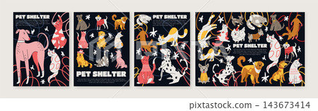 Cartoon animals poster. Dog shelter. Pet shop, zoo store for playful cats. Cute card design with fun doodle elements. Vertical banner design. Garish advertising background vector isolated illustration Cartoon animals poster. Dog shelter. Pet shop, zoo store for playful cats. Cute card design with fun doodle elements. Vertical banner design. Garish advertising background vector isolated illustration 143673414