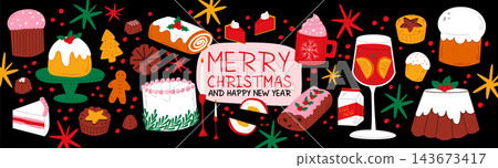 Christmas food set. Treats for winter holidays. New Years dessert, roll, gingerbread. Icon of festive dinner. Xmas cake, seasonal hot drink. Vector cartoon flat style isolated garish illustration Christmas food set. Treats for winter holidays. New Years dessert, roll, gingerbread. Icon of festive dinner. Xmas cake, seasonal hot drink. Vector cartoon flat style isolated garish illustration 143673417